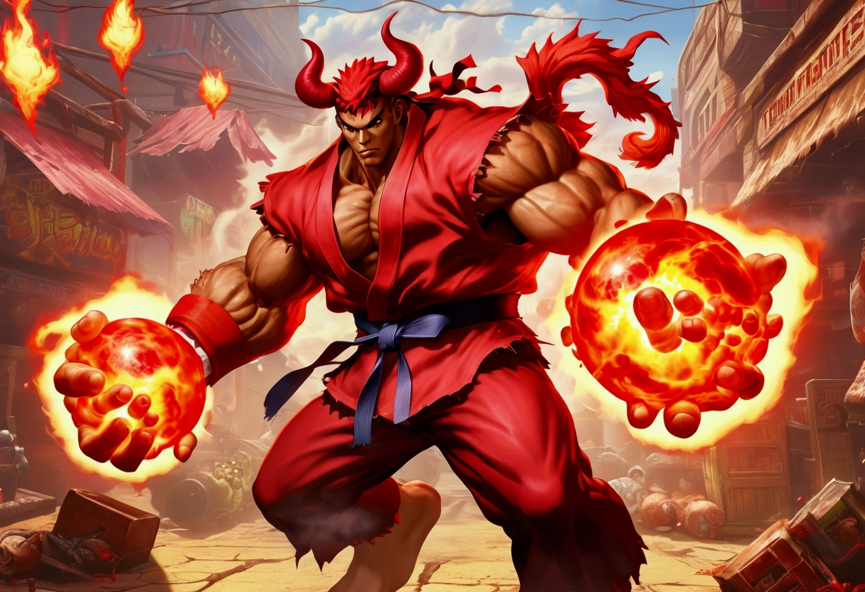 (Street Fighter 2 style arcade game) Devil lawyer (red horns and tail, lawyer suit, lean build) holding a ball of fire in hand battling a zombie lightning mage, set in a junk yard, health bars and titles

