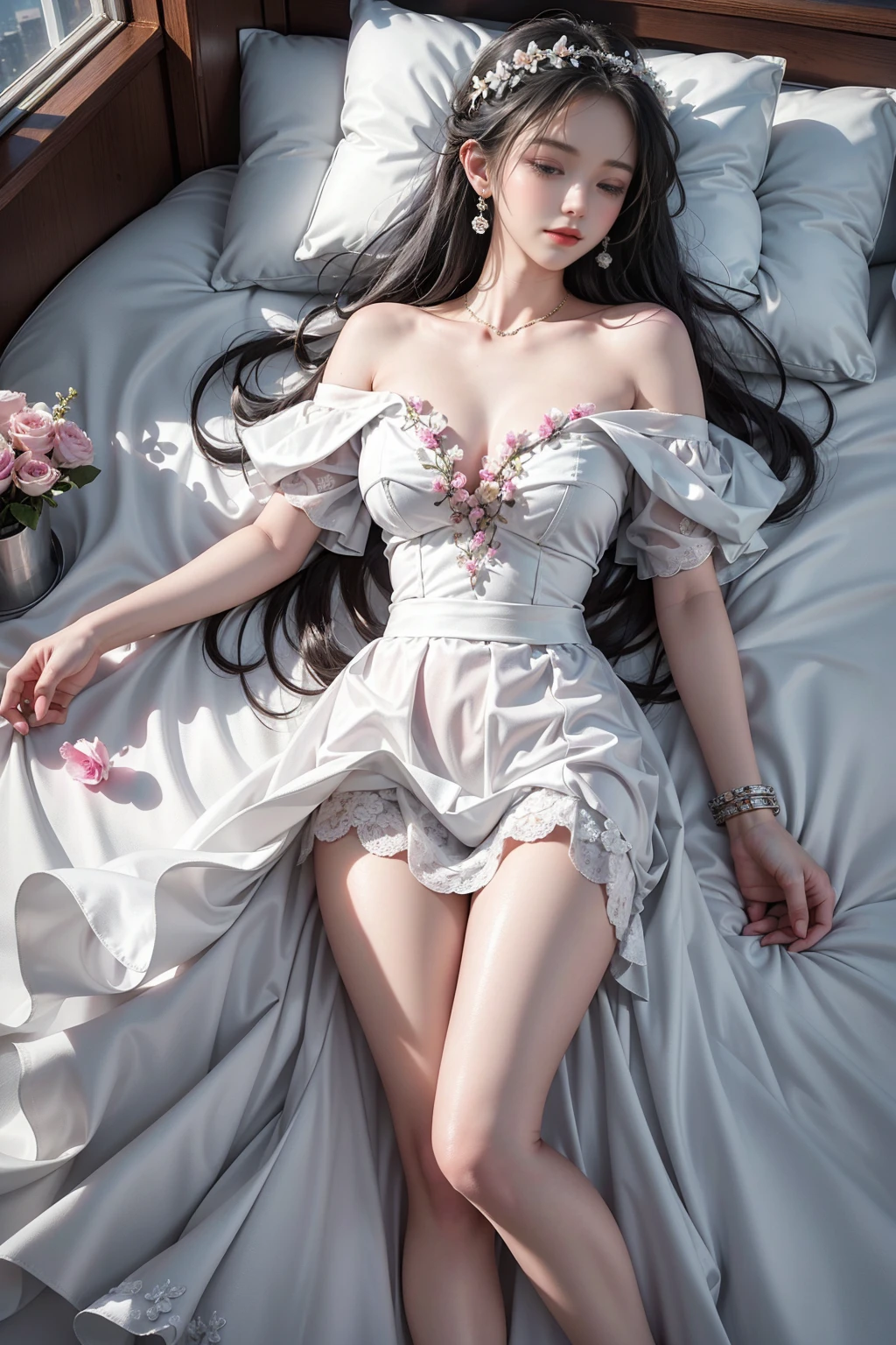 （(Girl lying on bed))、Beauty、 One Girl、alone、Long Hair、Viewer、smile、（Eyes closed)、hair ornaments、、gem、Gray Hair、Shut your mouth、Blunt banganicure、bracelet、lips、Grey Eyes、Portraiture、Red nails、close、赤いlips、Put your hands on your face、Place your hand on your cheek、()、(Shiny skin)、((Skyscrapers are hazy outside the window))、(Off-shoulder white dress with floral pattern),),((Girl sleeping with legs slightly apart)),(Leg spread),((White panties are visible)),（Lift-up skirt)、((holding a wine glass)),