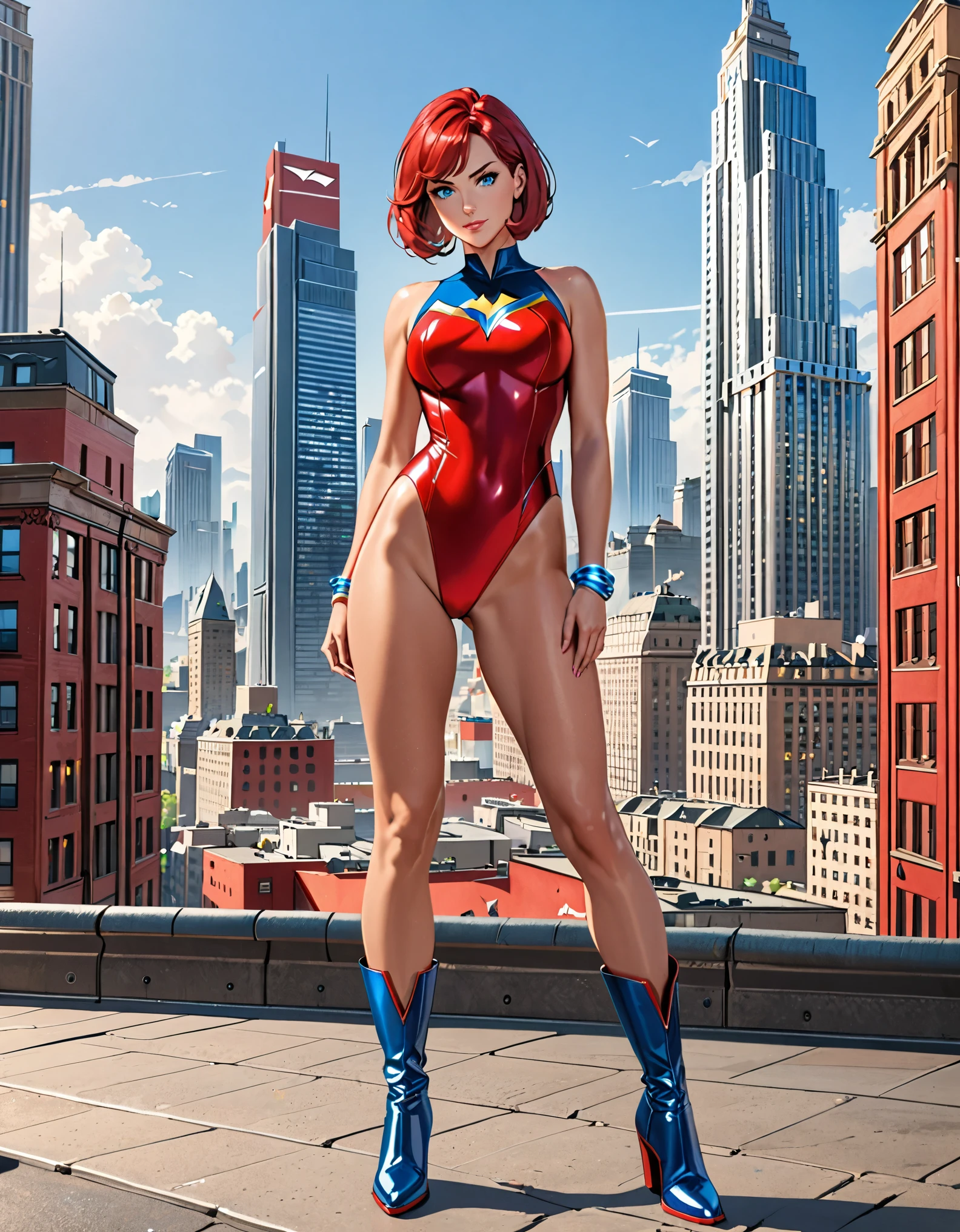 (masterpiece), best quality, highres, 1girl, medium breasts, leotard, red leotard with blue accents, bare legs, boots, matching boots, bracelets, city backdrop, solo, single, standing, full body shot, cowboy shot, beautiful detailed eyes, blue eyes, mature lady, red hair, short hair, bob hair, superhero.
