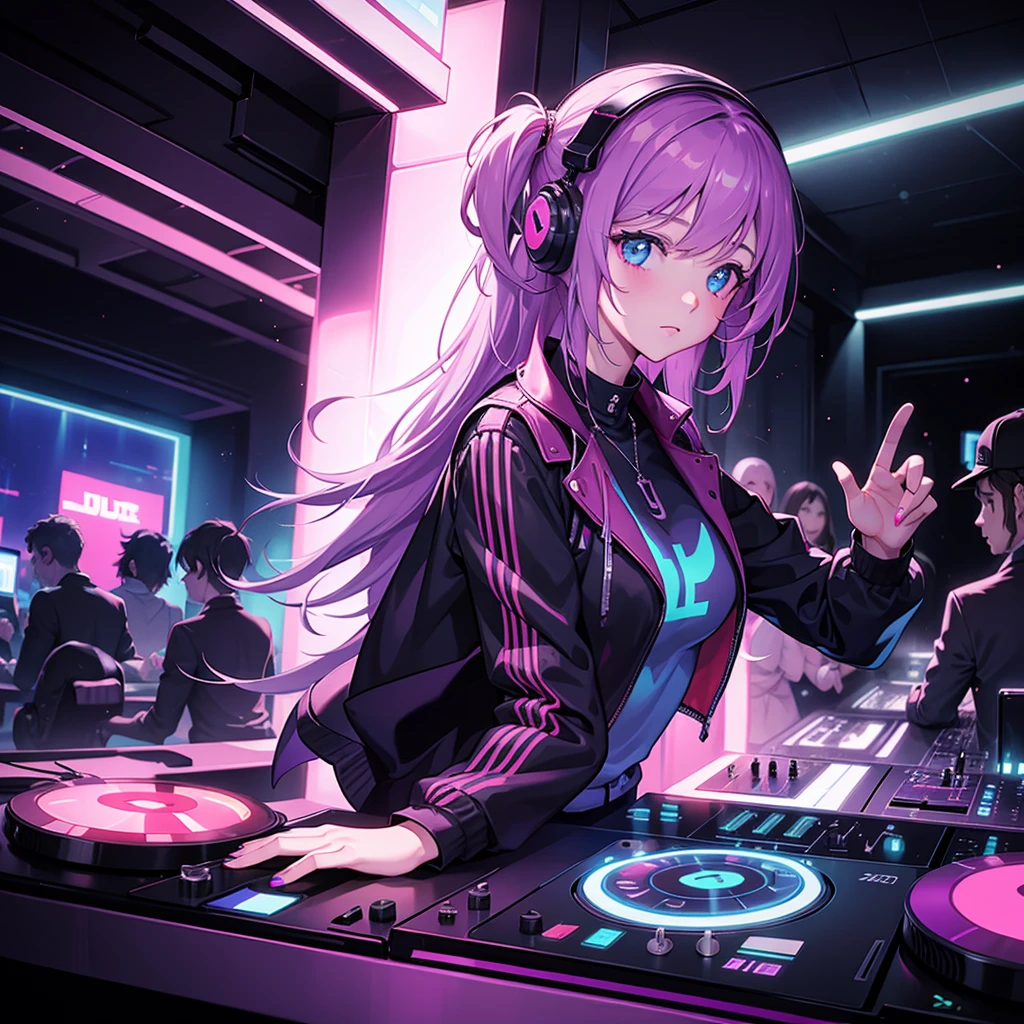The woman playing dj in the club, neon light