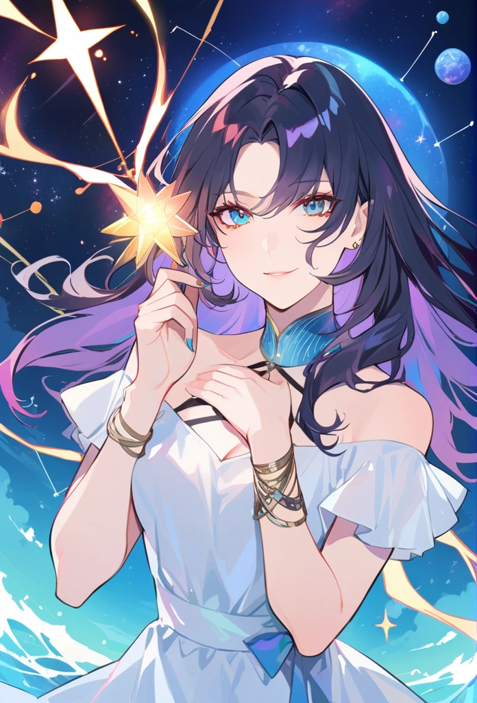 ( high quality , Extremely detailed, careful hand )Constellation-Sagittarius Goddess , Similar to Latin goodness . optimistic, fair, Funny and intelligent face,Deep blue eyes (Eye details) , Dark blue hair，shining , Transparent dress , In the starry sea , whole body , Fire Makeup , Chiron