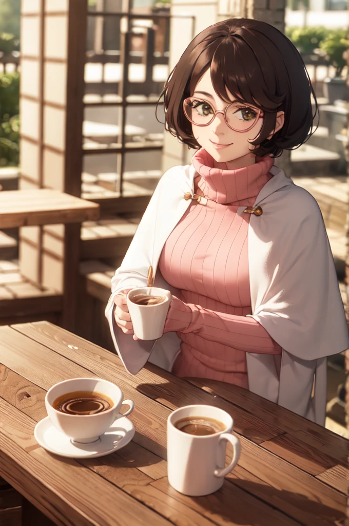 Vetch, short hair, curves, pink glasses, turtleneck, Capelet, dress, looking at the viewer, smiling, Upper body shot, Session, behind a table, inside a cozy cafe, holding a cup of coffee, romantic setting, high quality, masterpiece,  