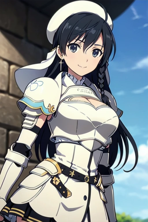 Sonia Blanche, cross earrings, hair ornament, veil, armored dress, pauldrons, breastplate, gauntlets, belt, skirt, black thighhighs, greaves, armored boots, (white beret), 1girl, solo, upper body, big breasts, facing viewer, looking at viewer, smile, (blue sky), blurry background