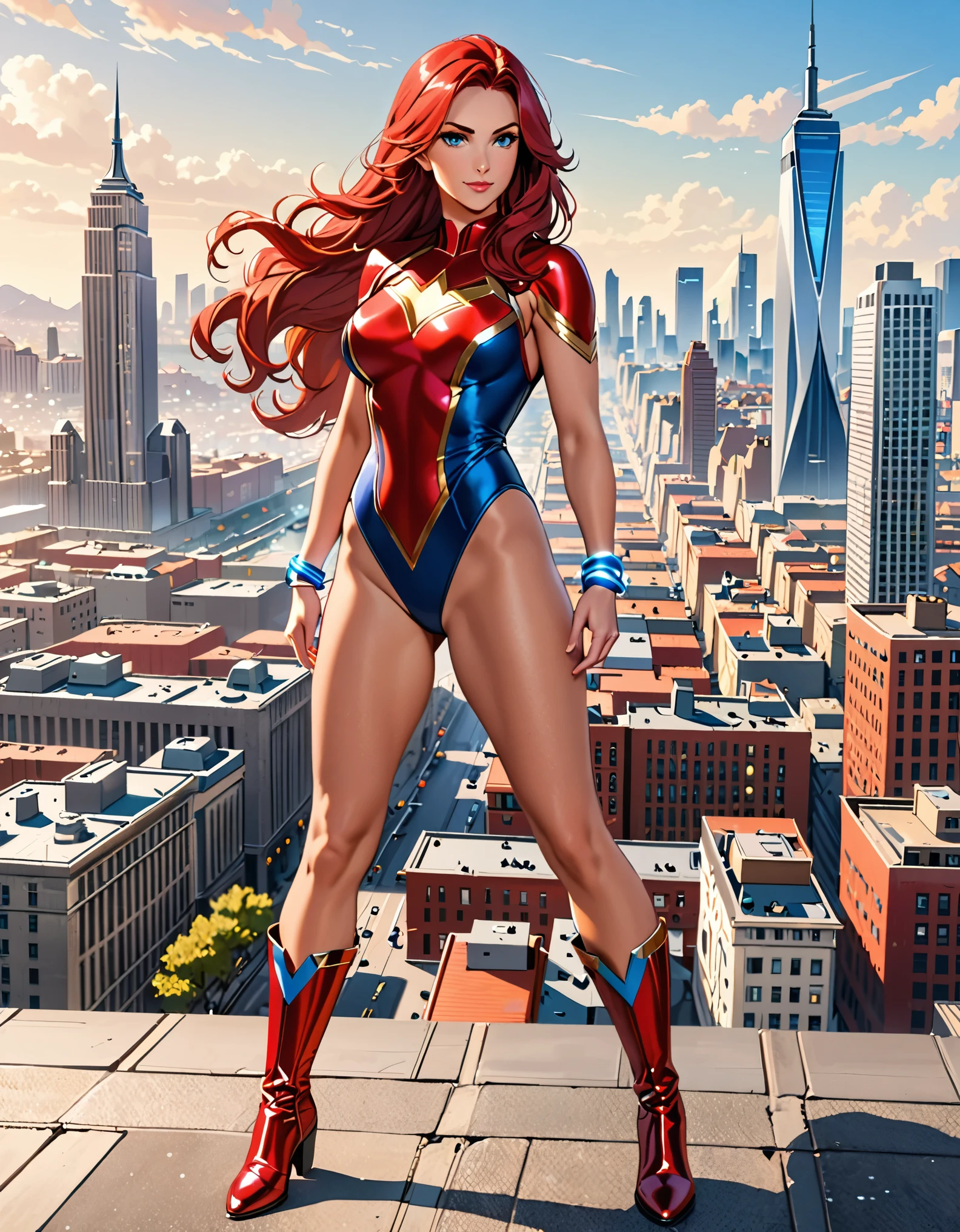 (masterpiece), best quality, highres, 1girl, medium breasts, leotard, red leotard with blue accents, bare legs, boots, matching boots, bracelets, city backdrop, solo, single, standing, full body shot, cowboy shot, beautiful detailed eyes, mature lady, red hair, long hair, superhero.