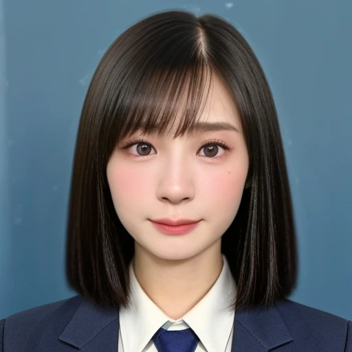 (kawaii 24 year-old Japanese girl, Nogizaka idol, Korean idol), (glossy black hair, short bob, hair length must be even and symmetric:1.3), (rounded face, single eyelid, no makeup, serious expression:1.2), (wearing suit jacket, collared shirt, necktie:1.3), (extra small breasts:0.9), (looking at viewer:1.2), BREAK, (simple blue background, yearbook background:1.3), (portrait, id photo, bust shot, view from vertically straight forward:1.3), (keep a margin on the top), BREAK, (masterpiece, best quality, photo realistic, official art:1.4), (UHD, 8K quality wallpaper, high resolution, raw photo, golden ratio:1.3), (shiny skin), professional lighting, physically based rendering, award winning, (highly detailed skin, extremely detailed face and eyes), Carl Zeiss 85 mm F/1.4, depth of field, 1girl, solo,