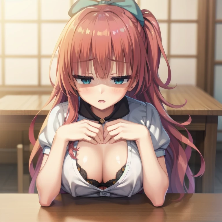 (Tabletop:1.0), (highest quality:1.4), (High resolution:1.2), From the side,Sharp contours,  boyish, highest quality, masterpiece
,Voice of the Heart,20-year-old woman,yandere,Big Breasts,Chest to chest,Lying face down,Upper Body,Ecstasy,blush,Squint your eyes,blue light eyes,Tuck up your clothes,lure