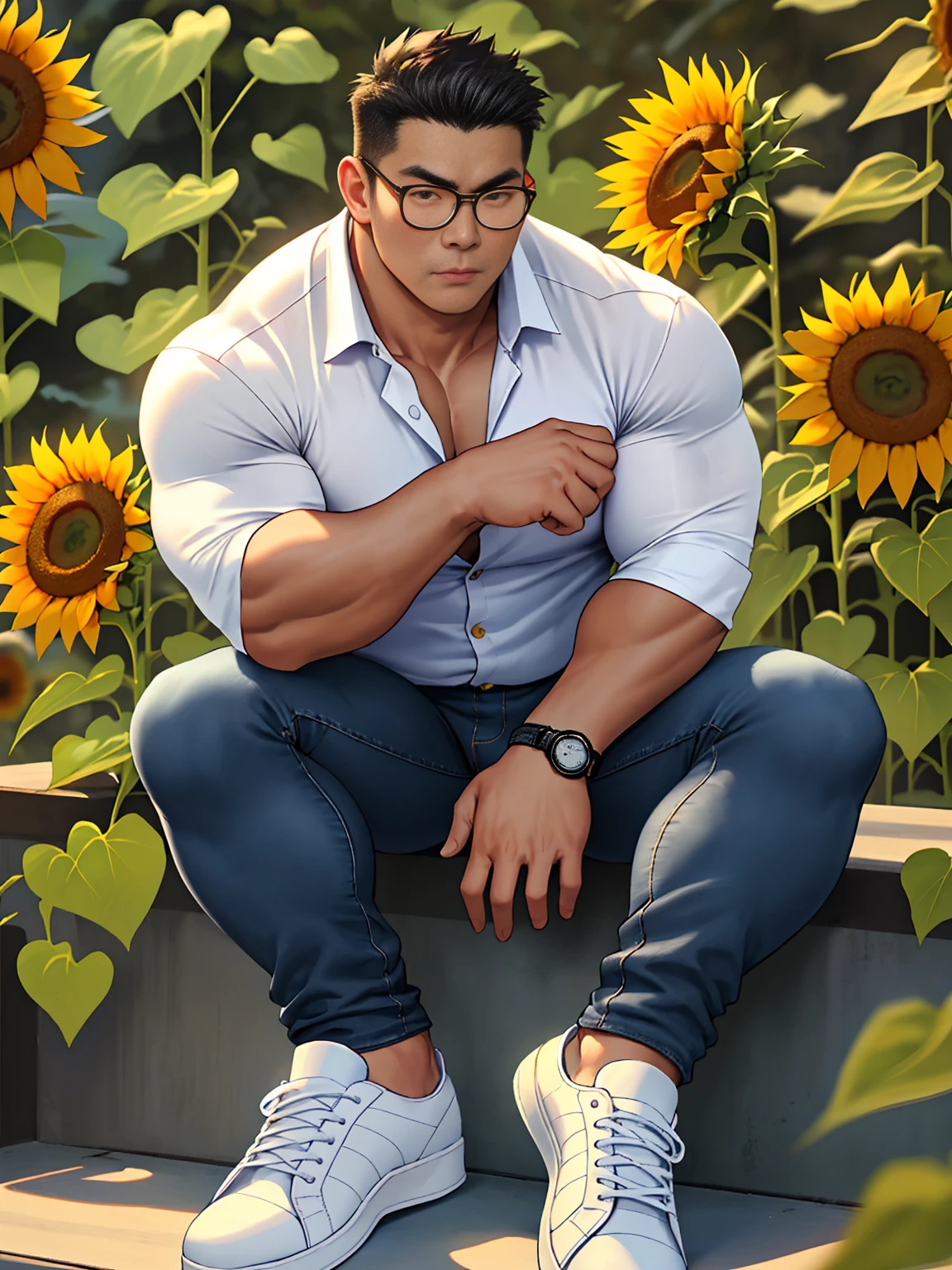 25 years old, round face, big eyes, Chinese male, black inch, huge muscles, exaggerated muscles, mature man, muscle swelling, bodybuilding, chest muscles, abs, lots of sunflowers, sitting position, wearing white shirt, open shirt, jeans, sneakers, natural light, wheat-colored skin, 1man, metal glasses