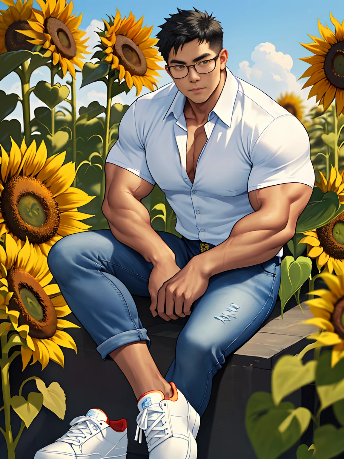 25 years old, round face, big eyes, Chinese male, black inch, huge muscles, exaggerated muscles, mature man, muscle swelling, bodybuilding, chest muscles, abs, lots of sunflowers, sitting position, wearing white shirt, open shirt, jeans, sneakers, natural light, wheat-colored skin, 1man, metal glasses