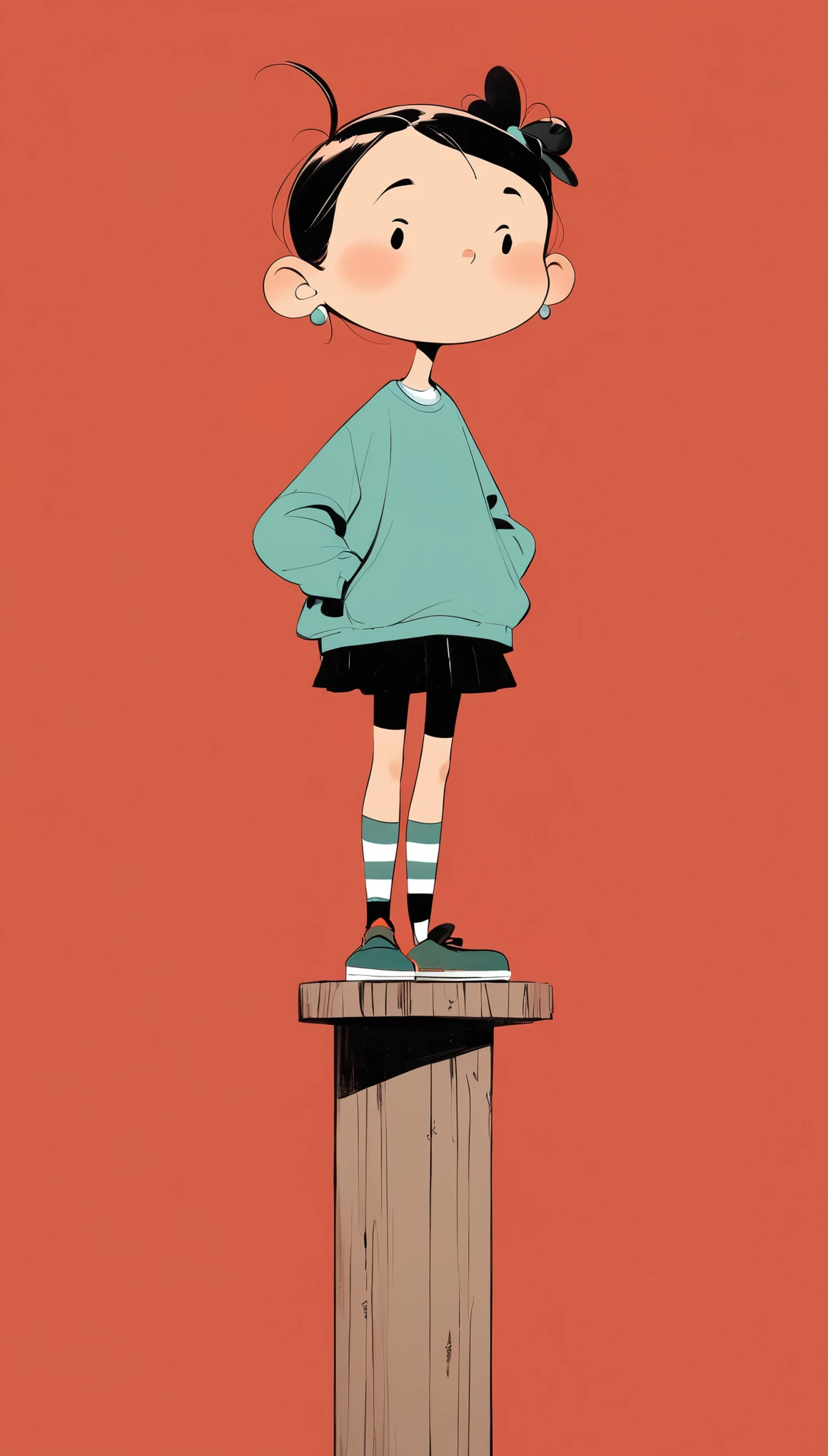Ewa Poklewska-Koziełło in style of Mike Azevedo,Cartoon graffiti , standing on a wooden stake looking into the distance,White Cloud,Fear of heights,whole body, Solid color background