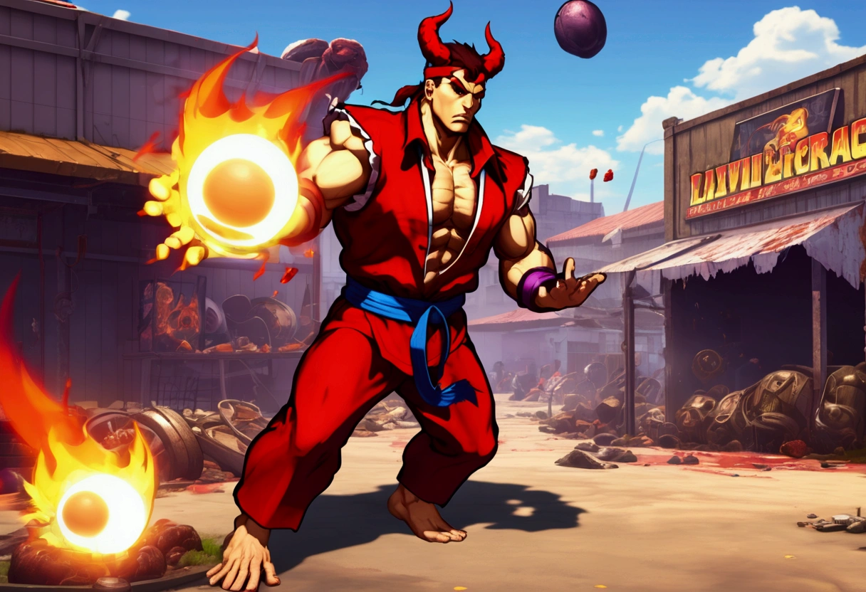(Street Fighter 2 style arcade game) Devil lawyer (red horns and tail, lawyer suit, lean build) holding a ball of fire in hand battling a zombie lightning mage, set in a junk yard, health bars and titles
