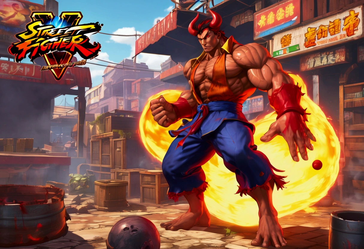 (Street Fighter 2 style arcade game) Devil lawyer (red horns and tail, lawyer suit, lean build) holding a ball of fire in hand battling a zombie lightning mage, set in a junk yard, health bars and titles