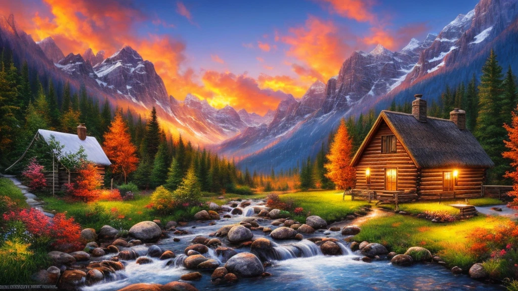 painting of a cabin in a mountain valley with a stream running through it, beautiful art uhd 4 k, background artwork, detailed painting 4 k, 8k high quality detailed art, 4k highly detailed digital art, scenery art detailed, 4 k hd wallpaper illustration, landscape wallpaper, amazing wallpaper, dream scenery art, scenery wallpaper, 4 k hd wallpaper very detailed