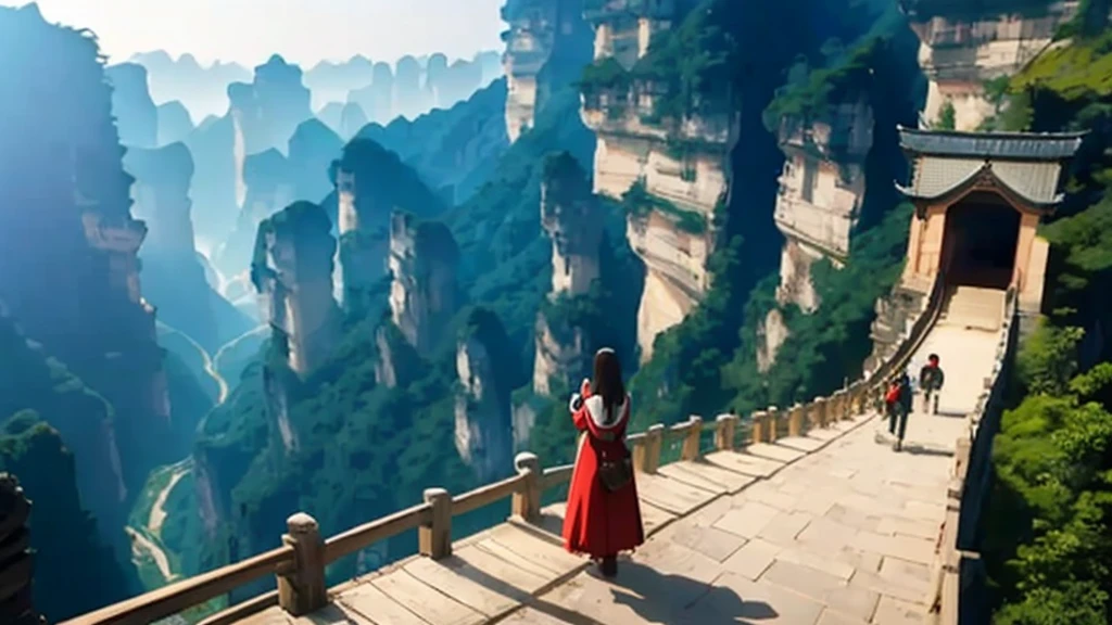 (masterpiece), (best quality), (ultra detailed),),Zhangjiajie national forest park, tianmen mountain, zhangjiajie grand canyon, anime girls visit the Chinese national park, they are excited and happy standing on a ancient well kept wall, in the background is tianmen mountain and zhangjiajie grand canyon