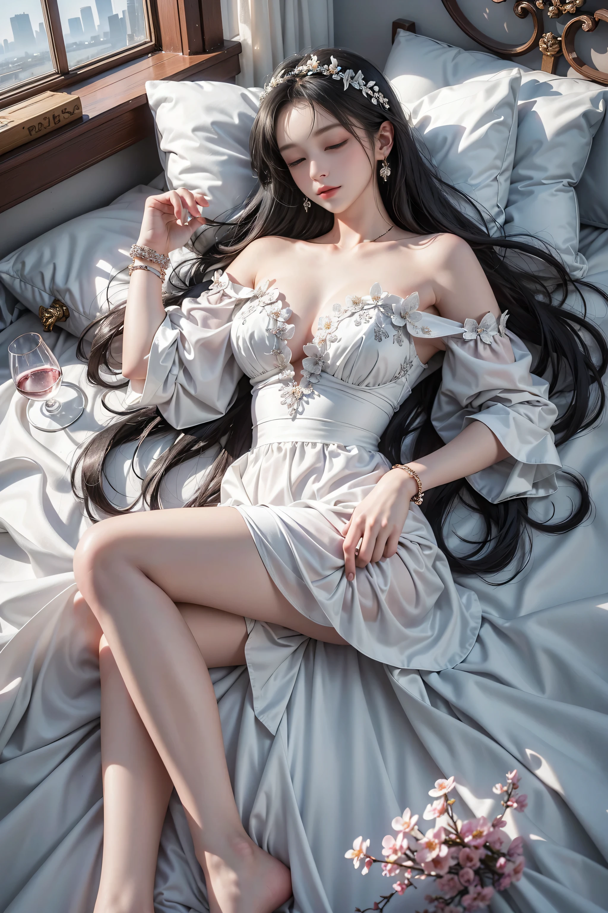 （(Girl lying on bed))、Beauty、 One Girl、alone、Long Hair、Viewer、smile、（Eyes closed)、hair ornaments、、gem、Gray Hair、Shut your mouth、Blunt banganicure、bracelet、lips、Grey Eyes、Portraiture、Red nails、close、赤いlips、Put your hands on your face、Place your hand on your cheek、()、(Shiny skin)、((Skyscrapers are hazy outside the window))、(Off-shoulder white dress with floral pattern),),((Girl sleeping with legs slightly apart)),(Leg spread),((White panties are visible)),（Lift-up skirt)、((holding a wine glass)),