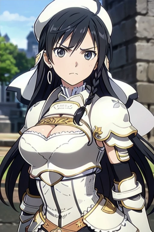 Sonia Blanche, cross earrings, hair ornament, veil, armored dress, pauldrons, breastplate, gauntlets, belt, skirt, greaves, (white beret), 1girl, solo, upper body, big breasts, facing viewer, looking at viewer, smile, hands on hips, (simple white background)