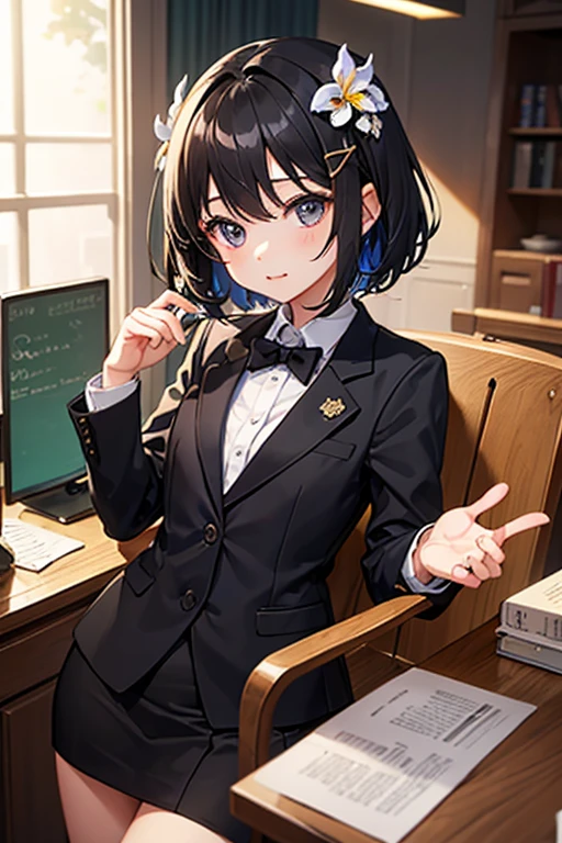 Highest quality、Black Hair、Iris、short hair、girl、cute、16 years old、、Small hair ornament、1 person、Cosplay、lawyer、suit、A sharp expression、court