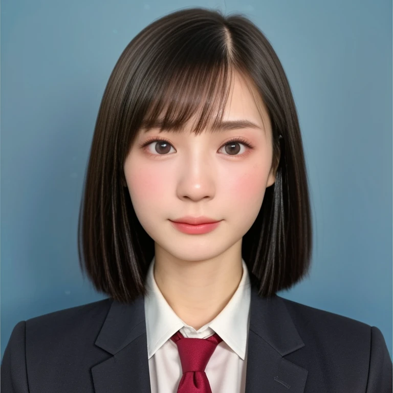 (kawaii 24 year-old Japanese girl, Nogizaka idol, Korean idol), (glossy black hair, short bob, hair length must be even and symmetric:1.3), (rounded face, single eyelid, no makeup, serious expression:1.2), (wearing suit jacket, collared shirt, necktie:1.3), (extra small breasts:0.9), (looking at viewer:1.2), BREAK, (simple blue background, yearbook background:1.3), (portrait, id photo, bust shot, view from vertically straight forward:1.3), (keep a margin on the top), BREAK, (masterpiece, best quality, photo realistic, official art:1.4), (UHD, 8K quality wallpaper, high resolution, raw photo, golden ratio:1.3), (shiny skin), professional lighting, physically based rendering, award winning, (highly detailed skin, extremely detailed face and eyes), Carl Zeiss 85 mm F/1.4, depth of field, 1girl, solo,