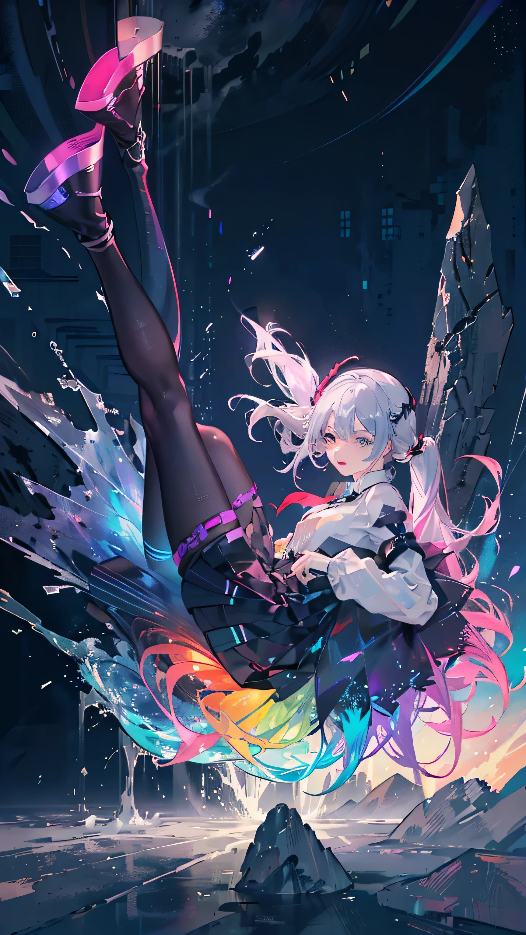 ((Thickly painted colors without boundaries)),(Highest picture quality),(Master's work),(ultra-detailed),(Detailed eye description:1.0),(lens flare:1.0),(movie poster:1.0),(Tarot border:1.0),the portrait is centered,(close-up:1.0),(nagative space:0.8),(negative space:1.6),(solo),(floating colorful {wind|water magic|ink|crystals|ice|fire|flame|lightning|web|rocks|sand|particles|sparkles|blood}:1.0),(many colorful {soap bubbles|clouds|thorns|spikes|vines|currents|spirals|halos|wings|tatoos|cubes|octahedron}:1.0),(floating {red|green|blue|aqua|purple|yellow|black|white|grey|pink|orange|lime} {ribbons|feathers|particles|blades|droplets|snowflakes|soft balls}:1.0),({crystal|ice|fire|flame|wind|water|earth|stone|space|musical|sonic|vortex} {magic|wings}:1.0), ({ray tracing,glowing|dappled sunlight,light rays,caustics|night,black theme|mysterious,eerie|easygoing,pastel}:1.2), ({colorful|iridescent|multicolored}:1.0),(beautiful detailed glow:1.0),({leaning forward|leaning back|leaning to the side|}:1.2),{(smile:1.0)|(smirk:1.0)|(grim expression:1.0)},({small|small||lips,eyelashes}:1.0),{(open mouth:1.0)|(closed mouth:1.0)|},({eyelashes|eyeshadow||}),{one eye closed|||},({red|green|blue|aqua|purple|yellow|black|white|grey|pink|orange|lime} hair:1.4),({short|long|medium} hair:1.0),({from below|from above|from side|from behind|facing viewer}:1.3),(halo:1.3),(head tilt:1.0),(dynamic pose:1.1),(asymmetrical hair:1.2),({red|green|blue|aqua|purple|yellow|black|white|grey|pink|orange|lime} {armor|dress|collared shirt|suit|outfit}:1.0),({formal|military|techwear|urban style|casual,casual clothes|fantasy,magician|feral,tribal|sci-fi,futuristic}),({plaid skirt|layered skirt|puffy dress|tights|pants|shorts}),({red|green|blue|aqua|purple|yellow|black|white|grey|pink|orange|lime} {eyes|eyes|pupils}:1.4),{(forehead:1.5),asymmetrical bangs|diagonal bangs|hair between eyes|blunt bangs|swept bangs},{one eye covered|ponytail|high twintails|||},{wavy hair|drill hair}star-filled sky and metors