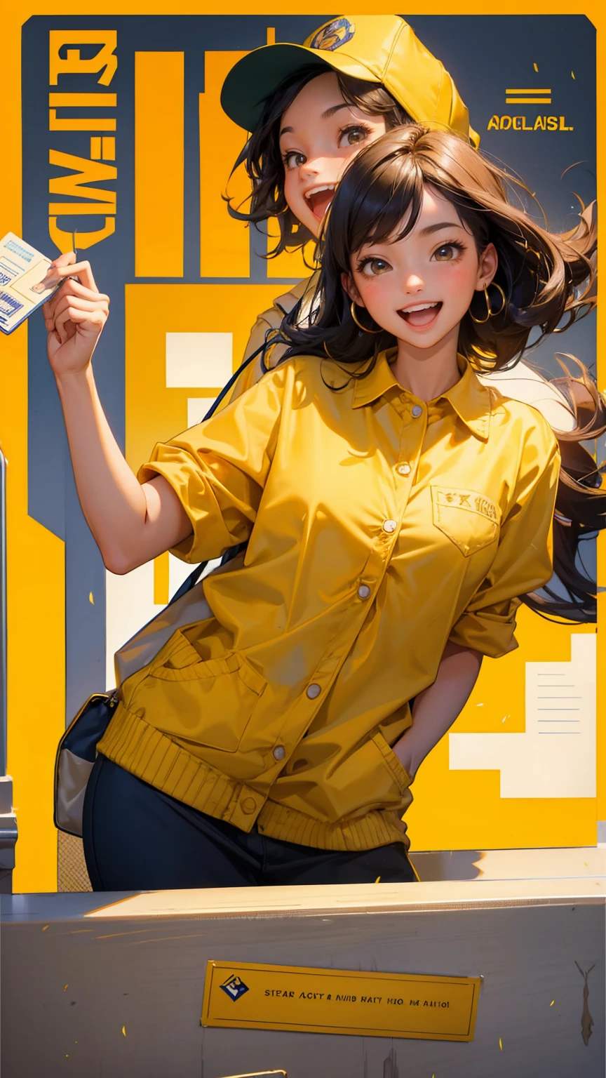 a cute girl with smile, City hall, standing at reception desk, with big open mouth happy face, receptionist hold her card with her image, city hall text on wall, yellow color city hall background,