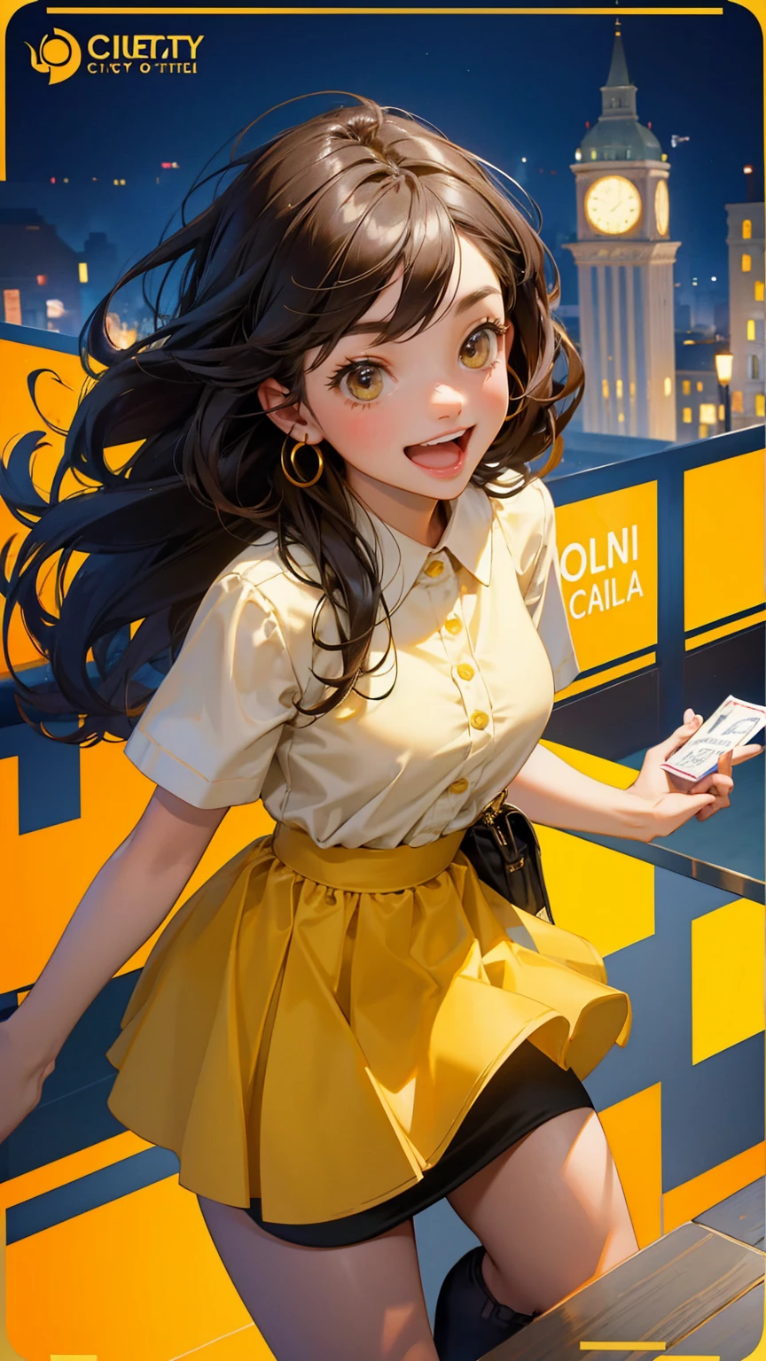 a cute girl with smile, City hall, standing at reception desk, with big open mouth happy face, receptionist hold her card with her image, city hall text on wall, yellow color city hall background,