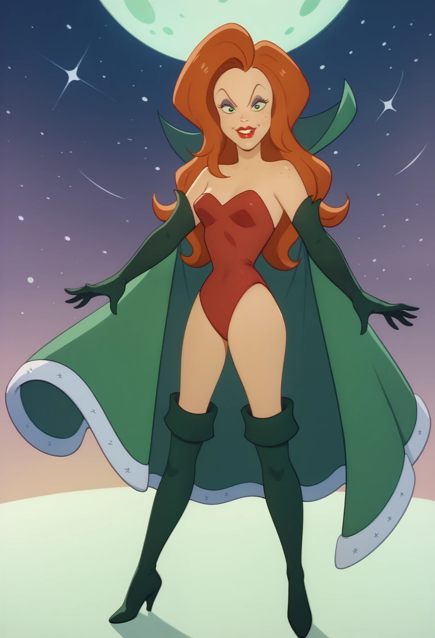 xdqueenx, long hair, redhead hair, green eyes, makeup, lipstick, red leotard, green cape, red elbow gloves, freckles, green thigh boots, white-pale skin, space background, smiling, 