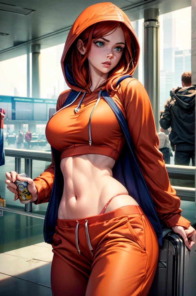 a mid shot of Mary Jane Watson(sweatpants and hoodie:1.4), (airport outfit :1.4), (redhead, ginger, big green eyes), beautiful, gorgoues face, big pink lips, cheekbones, snokey eyes, freckled, sharp nose, jawline, skinny, slender, slim, ((ultra realistic)), (highly detailed face, big fake lips), beautiful lighting, smooth skin, bright image, bright colours, (hyperreal, realism), posing seductively