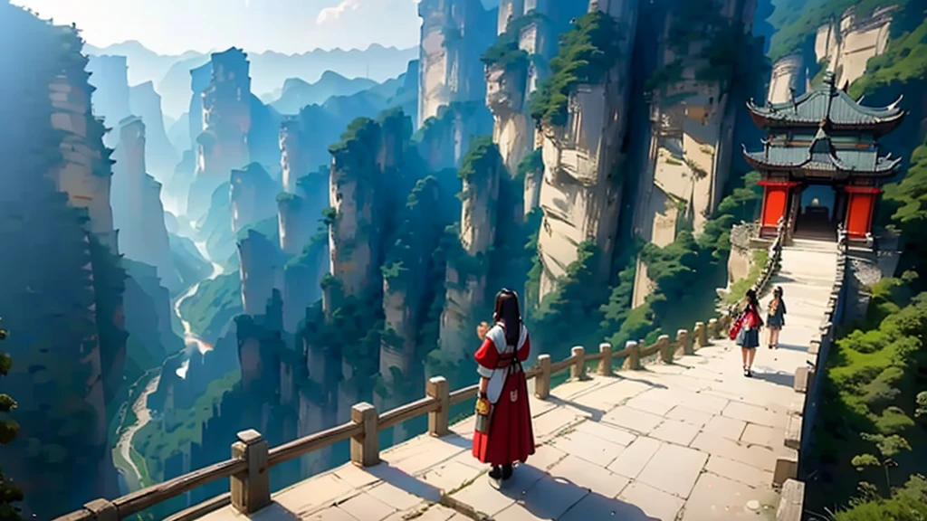 (masterpiece), (best quality), (ultra detailed),),Zhangjiajie national forest park, tianmen mountain, zhangjiajie grand canyon, anime girls visit the Chinese national park, they are excited and happy standing on a ancient well kept wall, in the background is tianmen mountain and zhangjiajie grand canyon