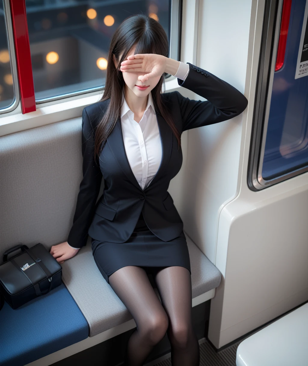 score_9, score_8_up, score_7_up, uncensored, realistic, in train, tokyo, (at night:1.2), from above,
1girl, cute, japanese, black hair, long hair, bangs, covering eyes, closed mouth, (gigantic breasts), 
(business suit:1.2), office_uniform, (black suit:1.3), white shirt, pencilskirt, pantyhose, 
sitting on train long seat,  