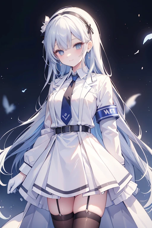 masterpiece, best quality, highres, aaema, long hair, gradient hair, hairband, earrings, blue necktie, collared shirt, white dress, white coat, armband, long sleeves, black gloves, black belt, garter straps, black thighhighs, standing, cowboy shot, smile, outdoors