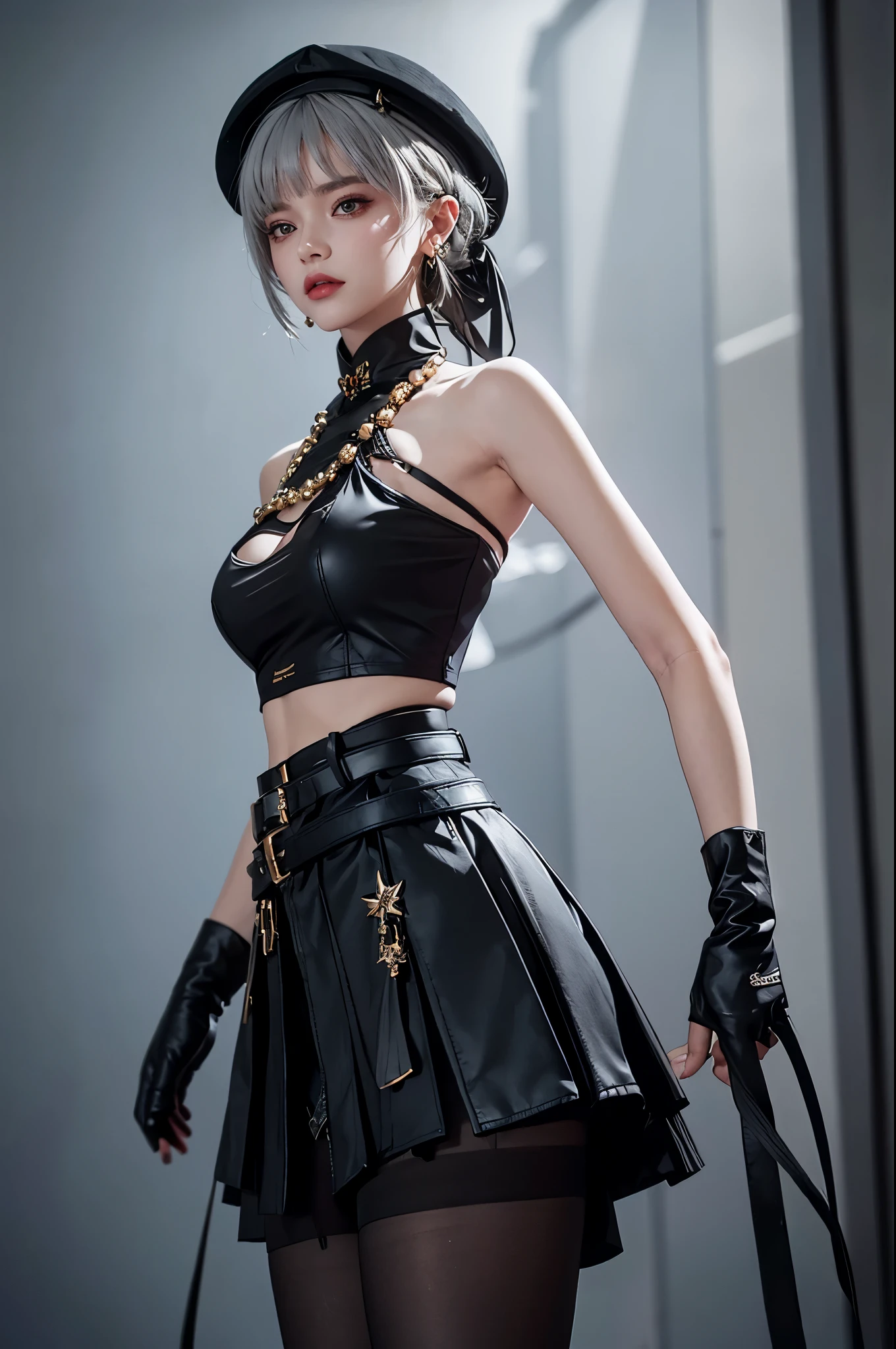 1girl, high res, highly detail, masterpiece, best quality, skirt, shirt, gloves, bare shoulders, pantyhose, earrings, sleeveless, black gloves, belt, black skirt, black shirt, sleeveless shirt, beret, sanhuadef