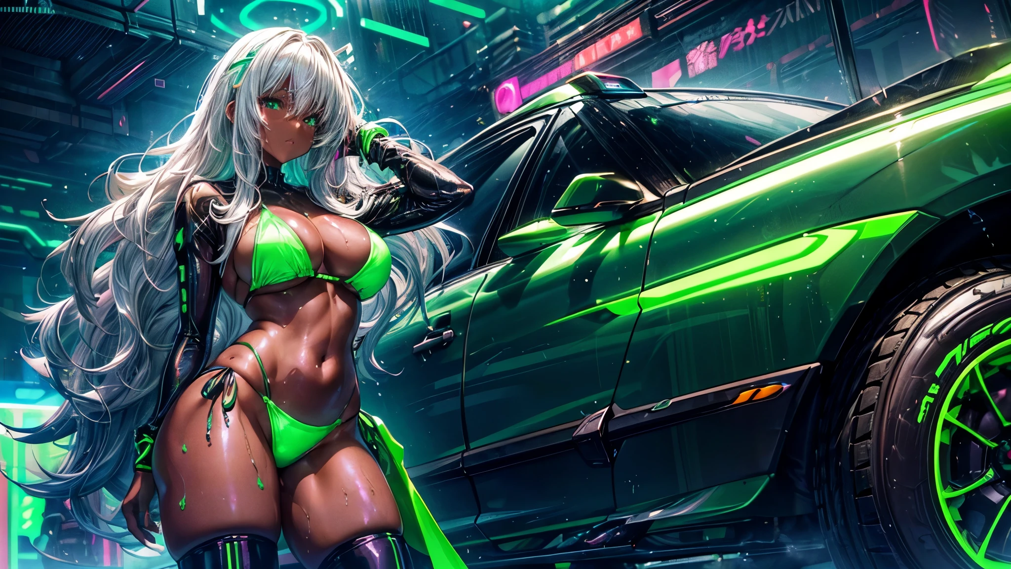 (dark skin), platinum Blonde wavy medium length hair with bangs, big thick thighs, Super big , Wet skin, ((Gorgeous super shiny florescent neon green string bikini)), Cyberpunk-style see through clothing, Race Queen, Posing for the camera in front of a sports car