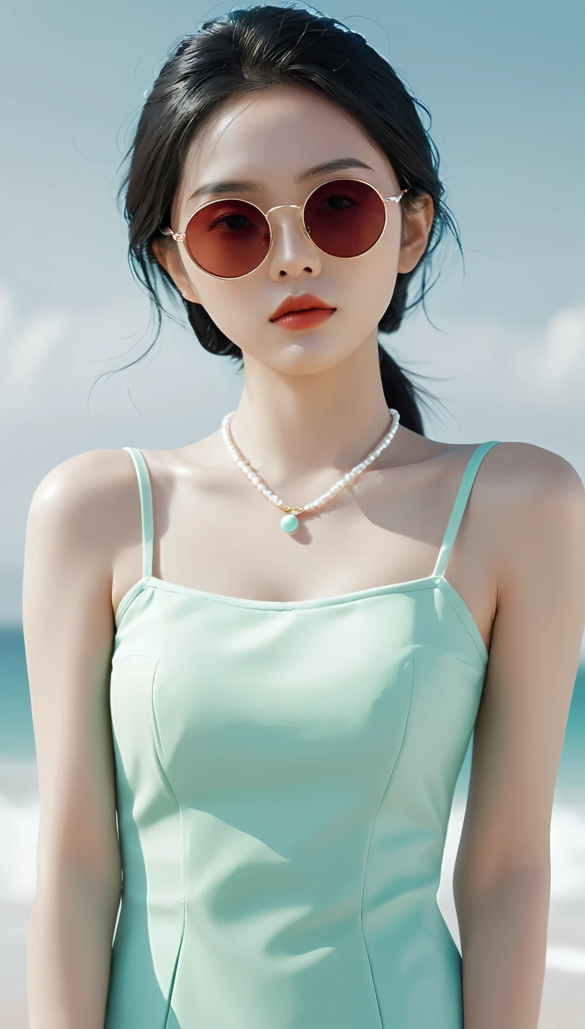 masterpiece,best quality,detail,Perfect composition,Super good quality,HD Wallpapers,A young woman wearing crimson sunglasses,illustration,With black aesthetics、The style of anime aesthetics,I can't believe how beautiful it was,Black Pearl and Mint,monochromatic minimalist portraits,Pop artistic sense,whole body,Dynamic,solo,Posing with hands on chest,