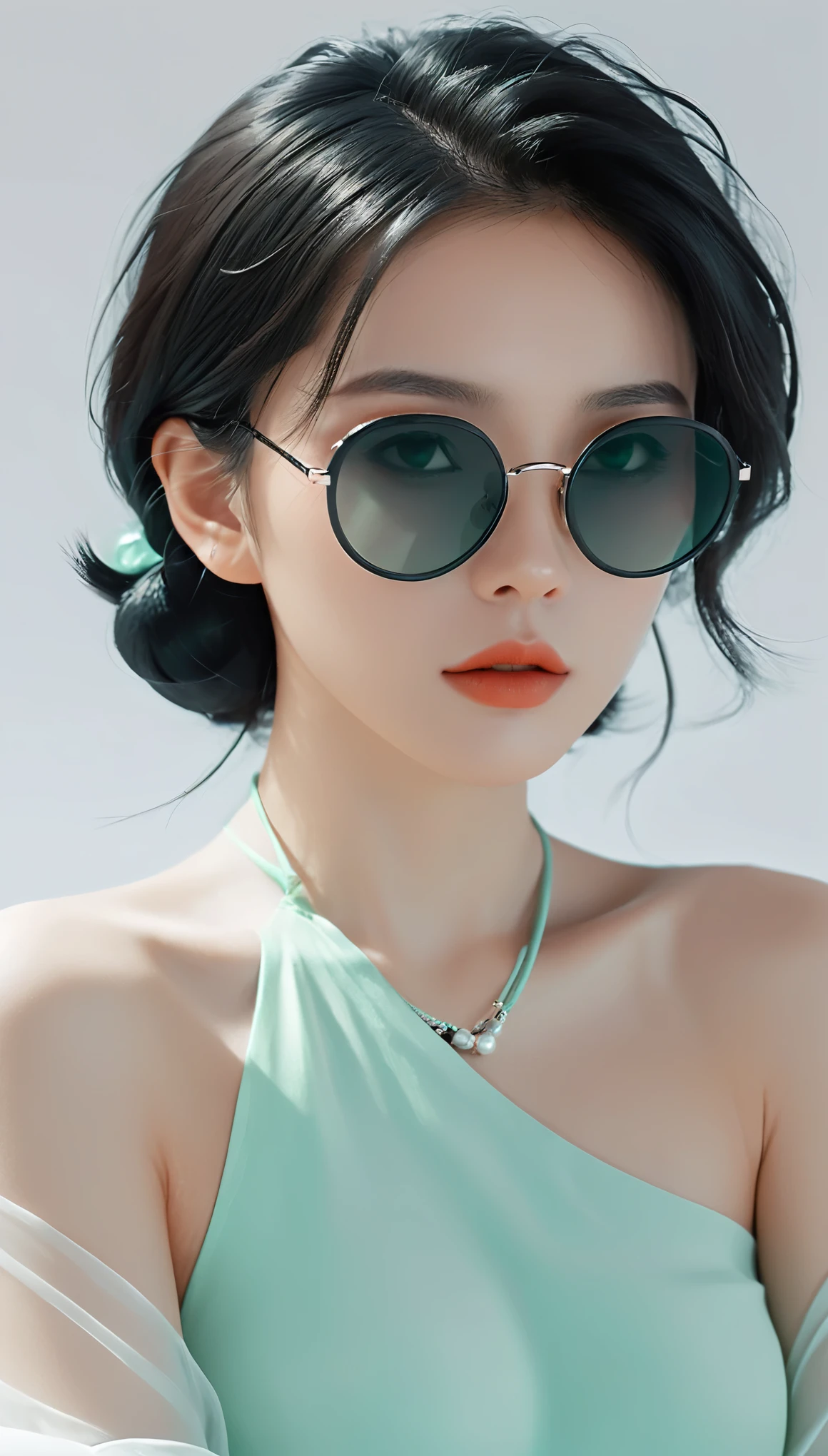 masterpiece，best quality，detail，Perfect composition，Super good quality，HD Wallpapers，A young woman wearing crimson sunglasses，illustration，With black aesthetics、The style of anime aesthetics，I can't believe how beautiful it was，Black Pearl and Mint，monochromatic minimalist portraits，Pop artistic sense，whole body，Dynamic，solo，Posing with hands on chest，