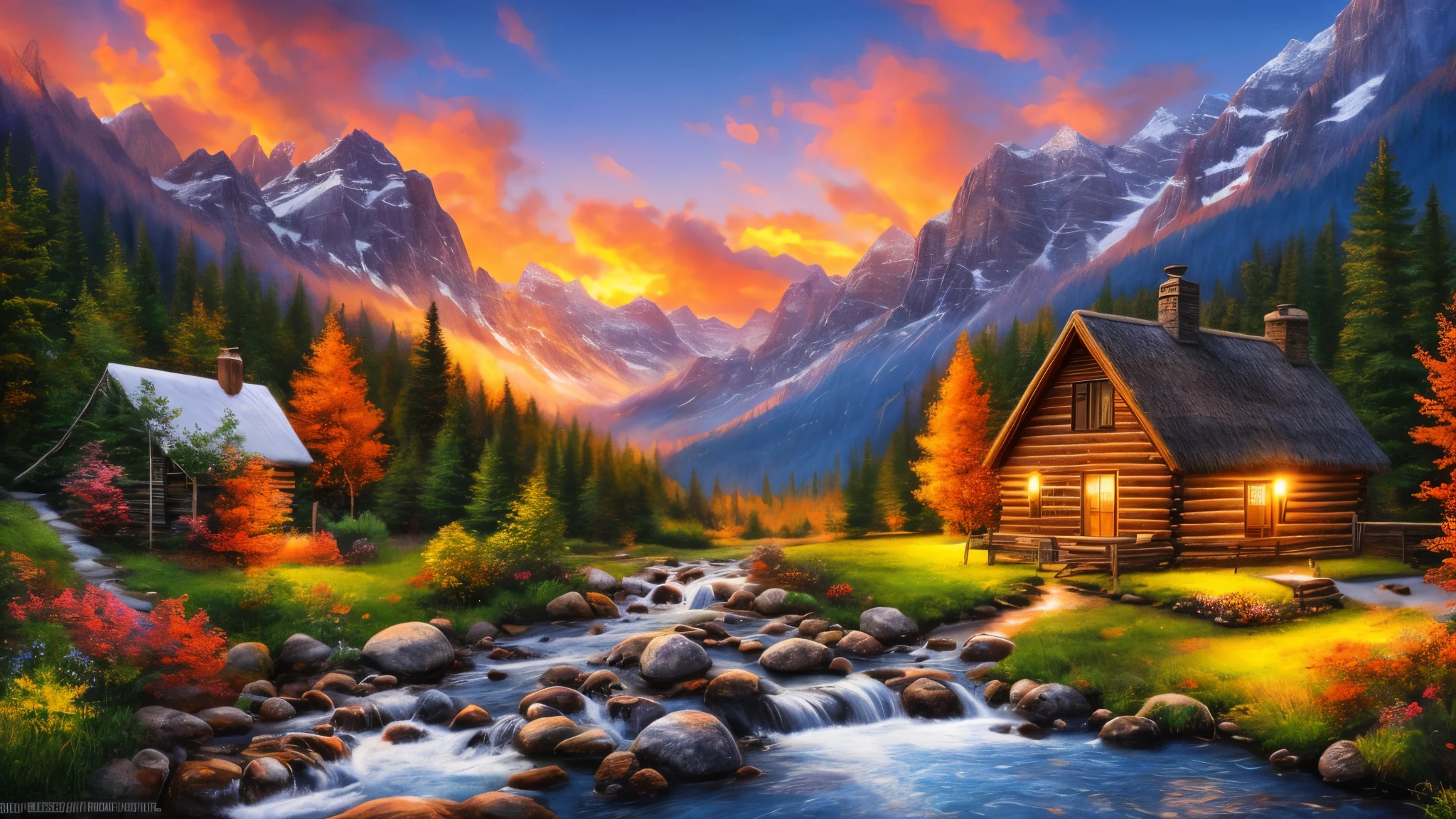 painting of a cabin in a mountain valley with a stream running through it, beautiful art uhd 4 k, background artwork, detailed painting 4 k, 8k high quality detailed art, 4k highly detailed digital art, scenery art detailed, 4 k hd wallpaper illustration, landscape wallpaper, amazing wallpaper, dream scenery art, scenery wallpaper, 4 k hd wallpaper very detailed