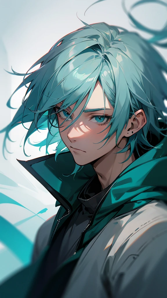 a male anime character with long gray and teal colored hair, wearing a hoodie, with an emotional expression, detailed facial features, highly detailed digital art, realistic lighting, cinematic composition, 8k, photorealistic