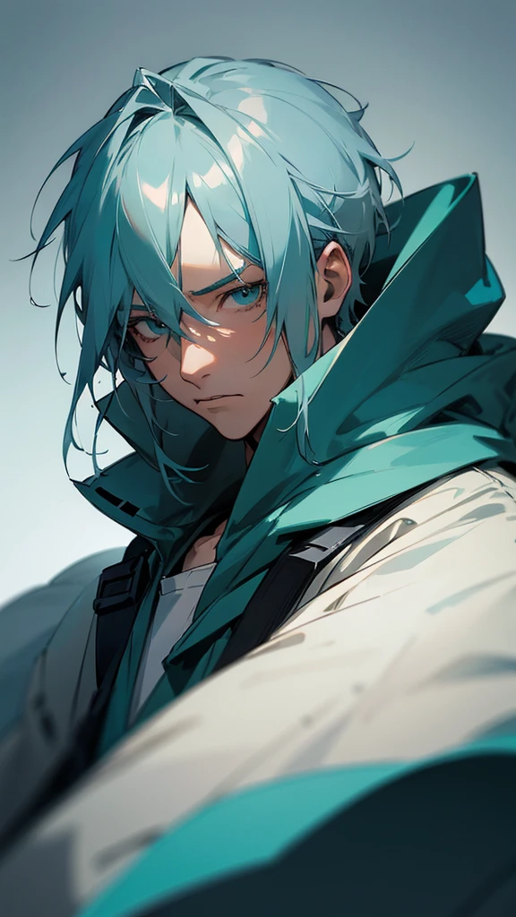 a male anime character with long gray and teal colored hair, wearing a hoodie, with an emotional expression, detailed facial features, highly detailed digital art, realistic lighting, cinematic composition, 8k, photorealistic