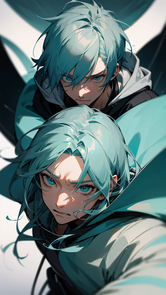 a male anime character with long gray and teal colored hair, wearing a hoodie, with an emotional expression, detailed facial features, highly detailed digital art, realistic lighting, cinematic composition, 8k, photorealistic
