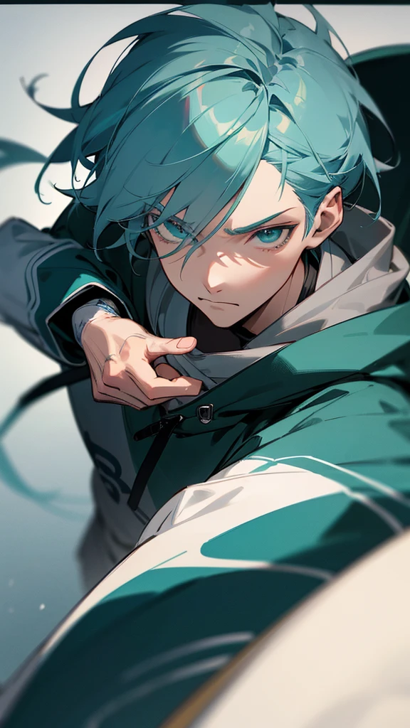 a male anime character with long gray and teal colored hair, wearing a hoodie, with an emotional expression, detailed facial features, highly detailed digital art, realistic lighting, cinematic composition, 8k, photorealistic