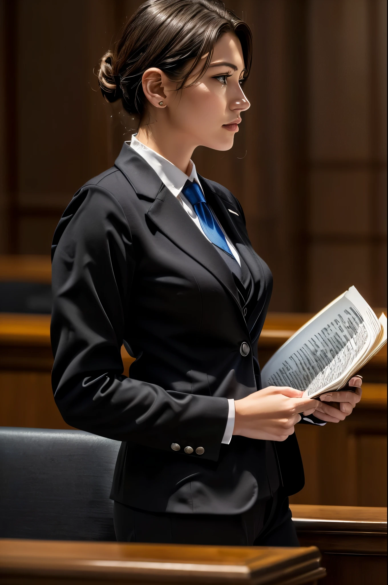 (A female lawyer in a black suit:1.5)、In the courtroom、He is reading from a thick file in both hands.、One woman、short hair、Ideal for beautifully detailed eyes、Beautifully detailed lips、Very detailedな顔、Long eyelashes、Typical body type、Fine, detailed skin、Very detailed、Photorealistic、8k、professional、Dramatic lighting、elegant、Seriousな表情、(Highest quality、4K、8k、High resolution、masterpiece:1.2)、Super detailed、(Real、Photorealistic、Photorealistic:1.37)、Dramatic lighting、Chiaroscuro、Cinematic、law、Law、justice、authority、power、Serious、concentrated
