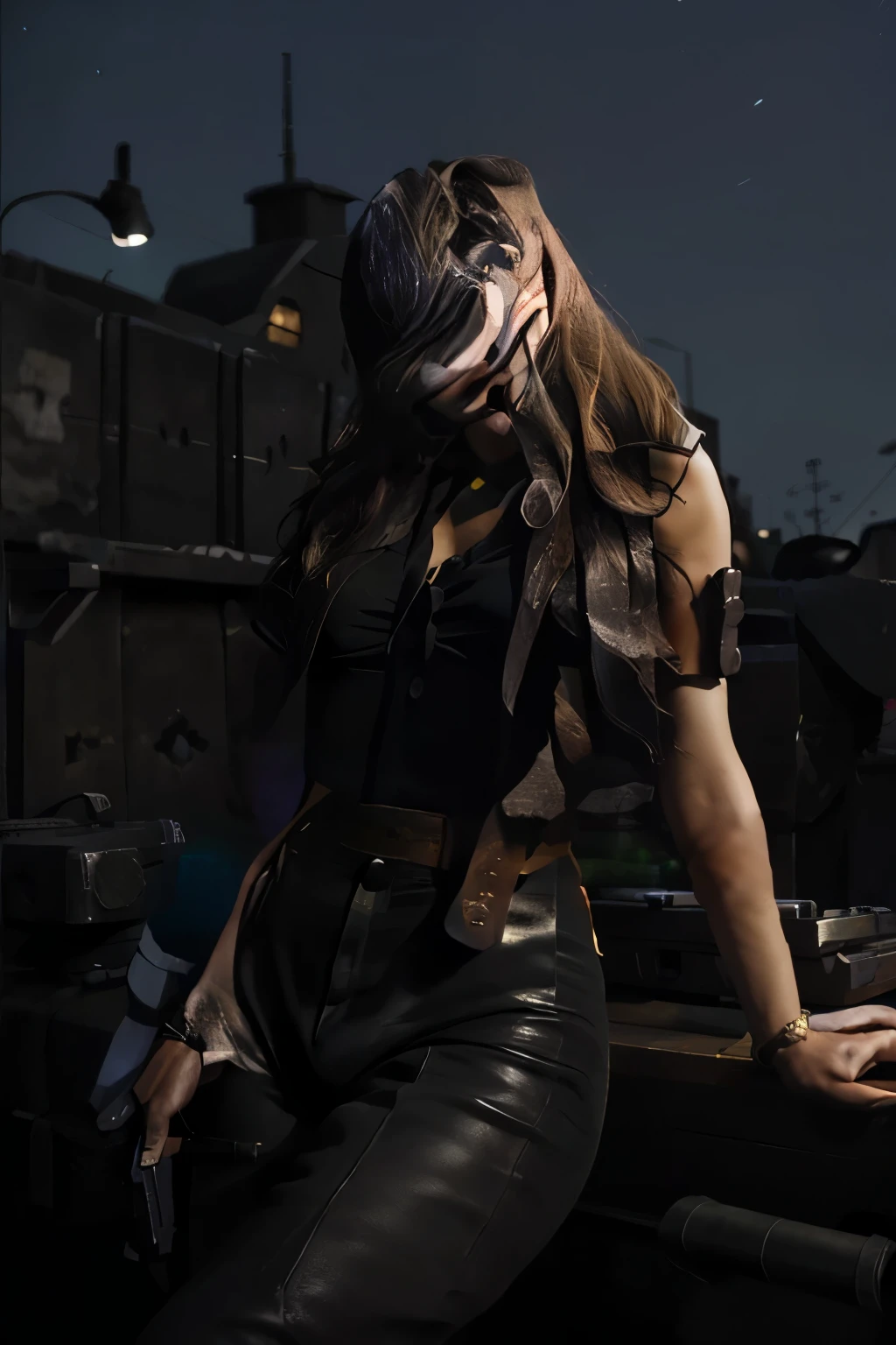 (highest quality、Ultra-high resolution、masterpiece、8K)、((Realistic、Ultra-realistic、Realistic)), anime「Black Lagoon」Roberta, 1 girl 、Portrait、Young and very beautiful woman、gun at you , sniper rifle, Aiming at the audience, holding 銃, (fine real gun) 、Collared shirt、pants、boots、Cleavage、Grin、(Delicate face、Detailed eyes and face、double eyelid、Red lips)、(Slim Waist、Sharp long legs)、City night view、Starry Sky、Wind、moon