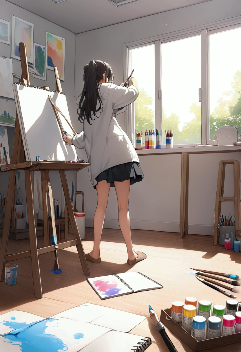 A cute girl working on the basement art studio, light passed through the small glass window above, there are (art tools, sketchbook, canvas on easel, paint tube, brush, pencil) scattering on the table and floor, masterpiece, ultradetailed, 8k, mksks