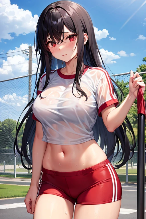 sportswear, See-through, Long Hair, Red Face, Sweat, Very short pants, Big Breasts, Short sleeve（She is wearing see-through red underwear., cute, Black Hair