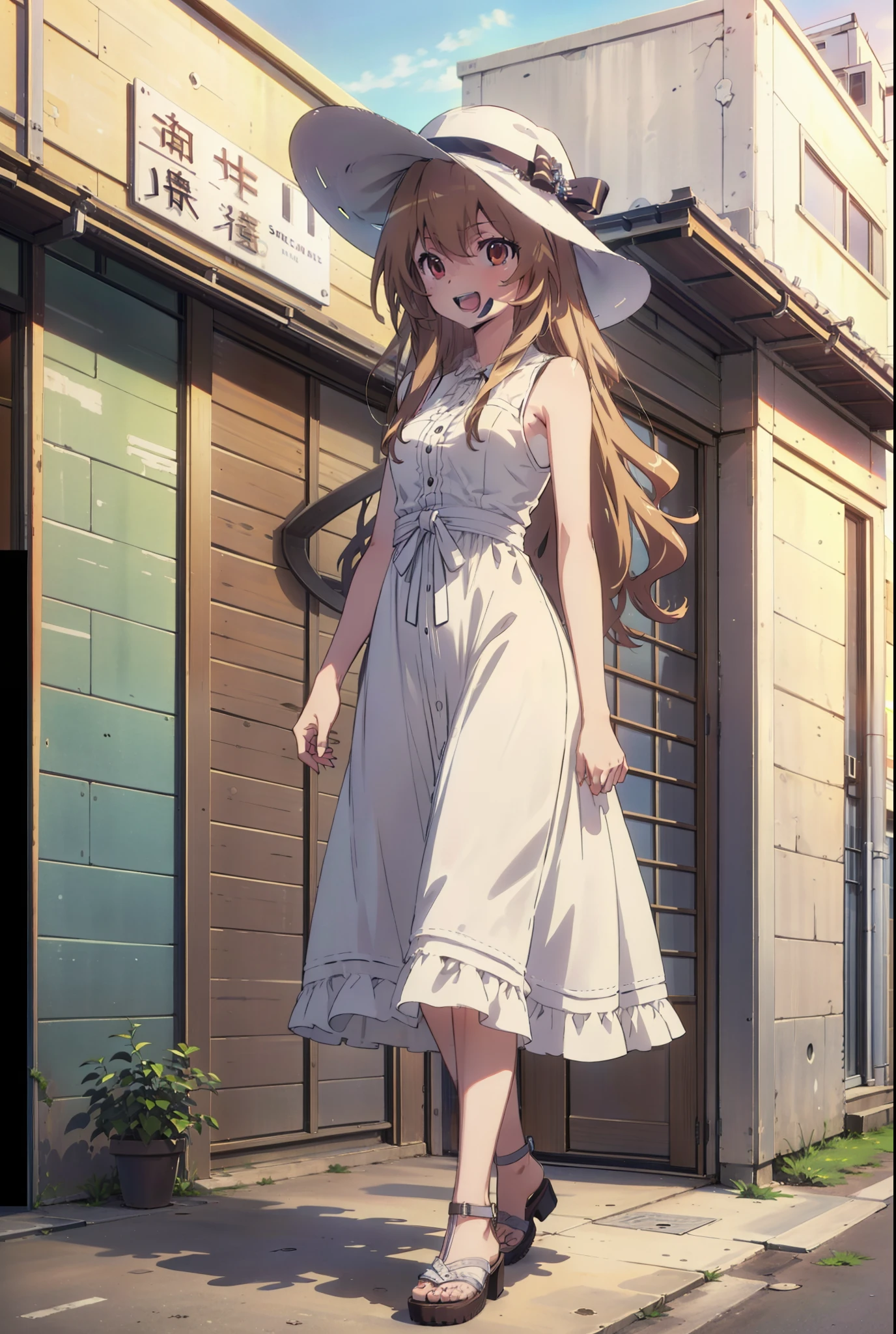 Aisaka Taiga, Aisaka Taiga, Long Hair, Brown Hair, Brown eyes,happy smile,smile, Open your mouth,White hat,White sleeveless dress,Long skirt,Heeled Sandals,evening,sunset,The sun is setting,whole bodyがイラストに入るように,Walking,　　　　　　　　　　　　  　　　　　break looking at viewer, whole body,　　　　　
break outdoors,Coastal Road,In town,
break (masterpiece:1.2), Highest quality, High resolution, unity 8k wallpaper, (shape:0.8), (Beautiful attention to detail:1.6), Highly detailed face, Perfect lighting, Extremely detailed CG, (Perfect hands, Perfect Anatomy),