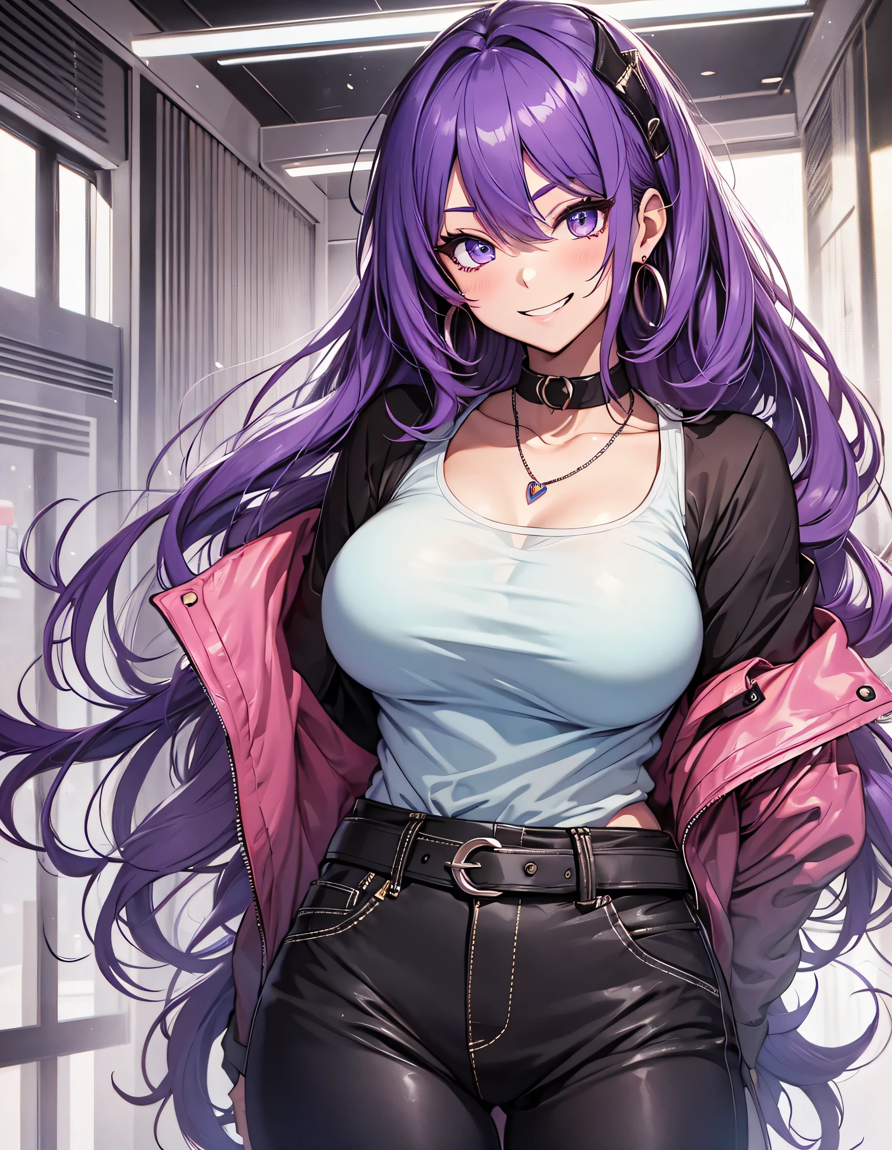 1girl, bangs, belt, black choker, black pants, blue hair, blush, breasts, choker, clothes around waist, collarbone, earrings, grin, hair over one eye, heart, heart choker, jacket, jewelry, long hair, looking at viewer, large breasts, triple D cup breasts, round buttocks, bubbly buttocks, multicolored hair, necklace, pants, purple eyes, red hair, shirt, shirt tucked in, simple background, sleeveless, sleeveless shirt, smile, solo, sparkle, streaked hair, full body shot, very long hair, virtual youtuber, wavy hair, white background, white shirt