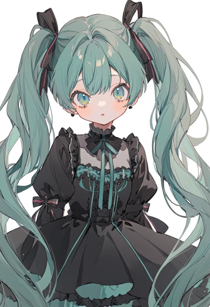 Soft lines,  Hatsune Miku, cute, Blue-green hair, Twin tails, Blue-green eyes, Gothic ****ta, White Background