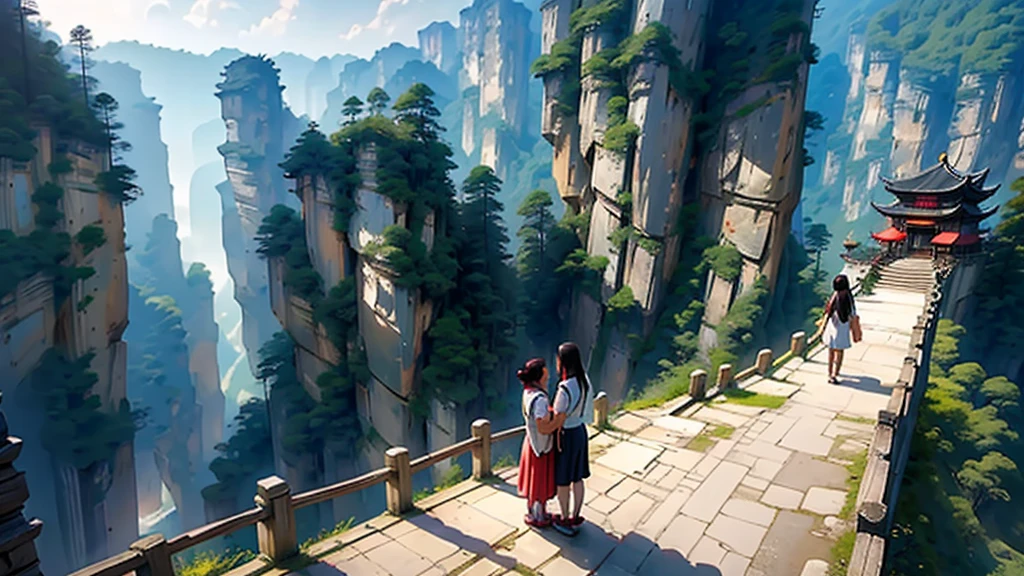 (masterpiece), (best quality), (ultra detailed),),Zhangjiajie national forest park, tianmen mountain, zhangjiajie grand canyon, anime girls visit the Chinese national park, they are excited and happy standing on a ancient well kept wall, in the background is tianmen mountain and zhangjiajie grand canyon
