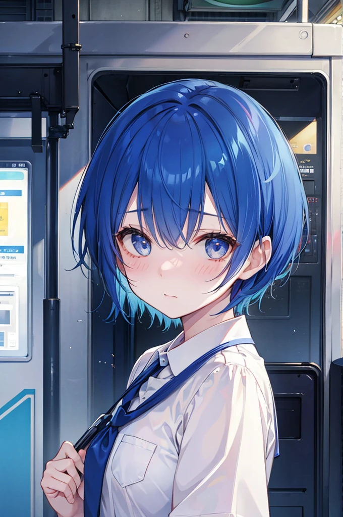 Girl、Blue hair short、Station staff uniform、Embarrassed、