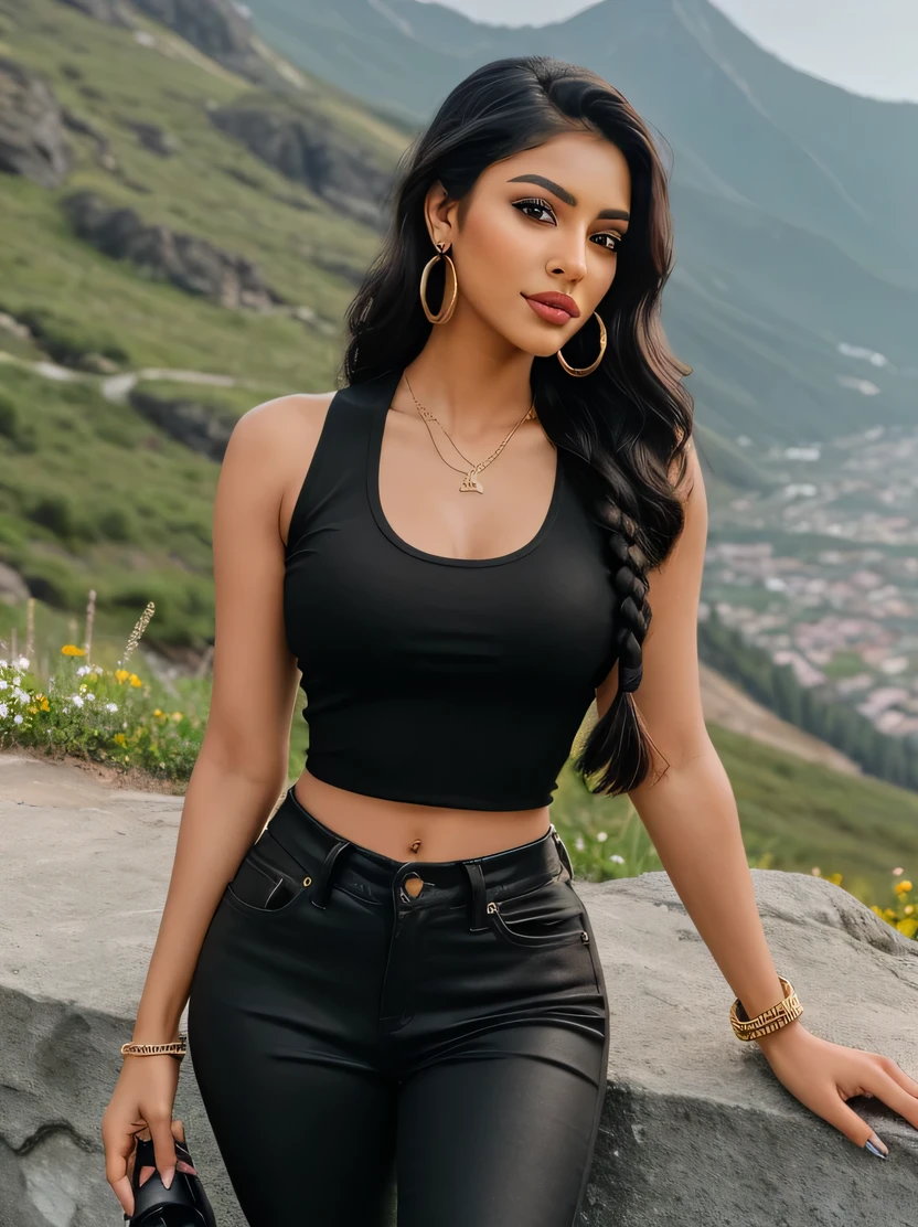 "Create an ultra-realistic image of a modern, attractive female influencer of Indian descent, aged between 27 to 30. She should have a warm and inviting smile, expressive almond-shaped eyes with a slight shimmer, and clear, glowing skin with a medium brown complexion. Her features should be well-defined, with high cheekbones and a sharp jawline. Her hair should be long, thick, and braided, adorned with star clips, giving it a natural shine and bounce. She should have a slender yet athletic build, reflecting a healthy and active lifestyle. She is wearing a fitted black sleeveless top that highlights her toned figure and tight black pants that complement her curves. Her outfit is completed with stylish black sports shoes that add both comfort and elegance to her look. She accessorizes with subtle yet chic jewelry, such as small hoop earrings and a few thin bangles. She is holding a DSLR camera, capturing the beauty around her in a mountainous area filled with diverse flowers. The background should showcase the vibrant colors of the flowers against the rugged mountain terrain, suggesting an adventurous and nature-loving lifestyle. Her overall appearance should exude confidence, approachability, and sophistication, capturing the essence of a contemporary Indian fashion influencer immersed in photography."






