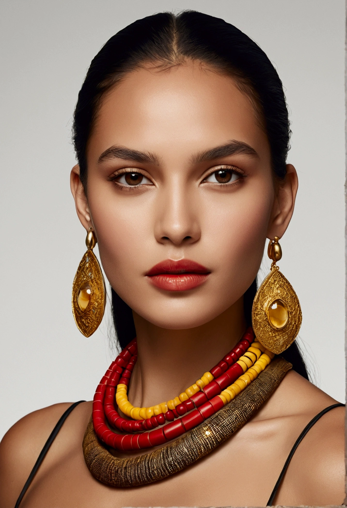 A woman of medium height with a balanced figure that combines the robustness of Indigenous women with the elegance of Europeans stands confidently. Her warm skin with tones reflecting her mixed heritage glows softly. She has deep, dark eyes that convey wisdom and a connection to nature. Her eyebrows are straight and well-defined. She has a small, slightly upturned nose and naturally full lips. Her dark, straight hair has a texture reminiscent of the earth and wind. Her strong, agile legs are adapted for long-distance walking. She dresses elegantly, wearing a fitted dress that highlights her curves in vibrant colors like red or yellow. Her accessories are bold: large gold hoop earrings, bracelets, and an ethnic necklace. On her feet, she wears leather sandals or high heels that enhance her legs. Photographed by Mario Testino, using a Canon EOS 5D Mark IV with a 50mm lens, studio lighting and natural light create a vibrant, dynamic effect, 8K, Ultra-HD, Super-Resolution.médium