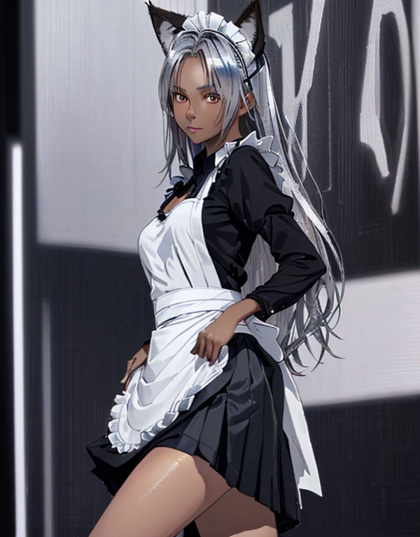 (8k, Realistic, RAW Photos, Highest quality: 1.3), (Fox Girl, Fox Ears, One Girl, Long Hair, Alone on the screen, dark skin, High definition, (boyish, Silver color very long hair), high resolution:1.4), とてもbeautiful, (Realistic Face), (maid apron, Black and white clothes, skirt:1.5), (Body measurements are 75-60-75!, Young girl body, Small breasts, skirt hold, slender:1.6), A brilliance that captivates the viewer, beautiful expression, beautiful breasts, (Realistic Skin), beautiful...